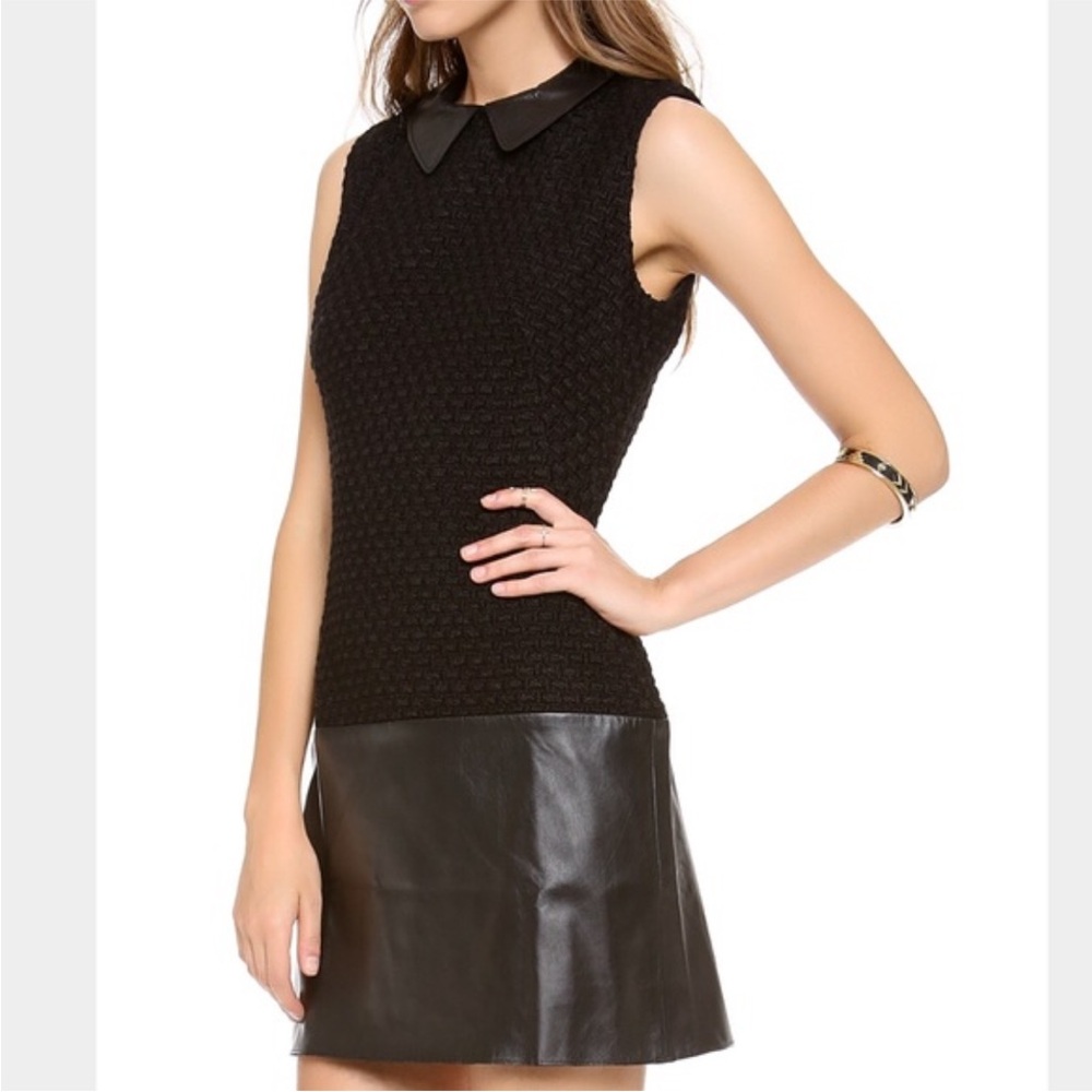 Rachel Zoe Black Lamb Leather Wool Tweed Peter Pan‎ Collar Shift Dress Size 4